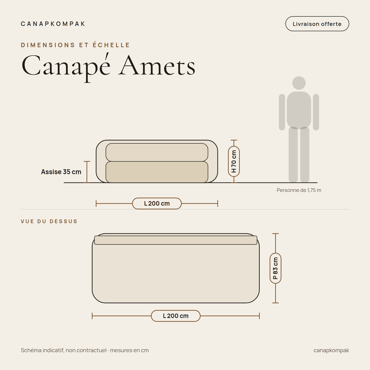 Canapé Amets : schéma coté, 200 cm de long, 83 cm de profondeur, 70 cm de hauteur