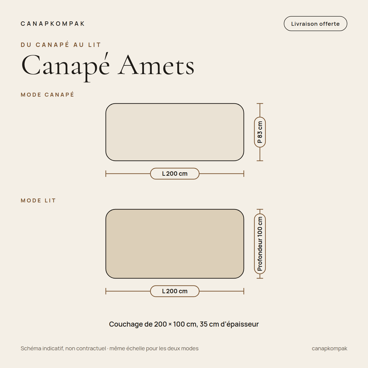 Canapé Amets : schéma du mode lit, couchage 200 par 100 cm