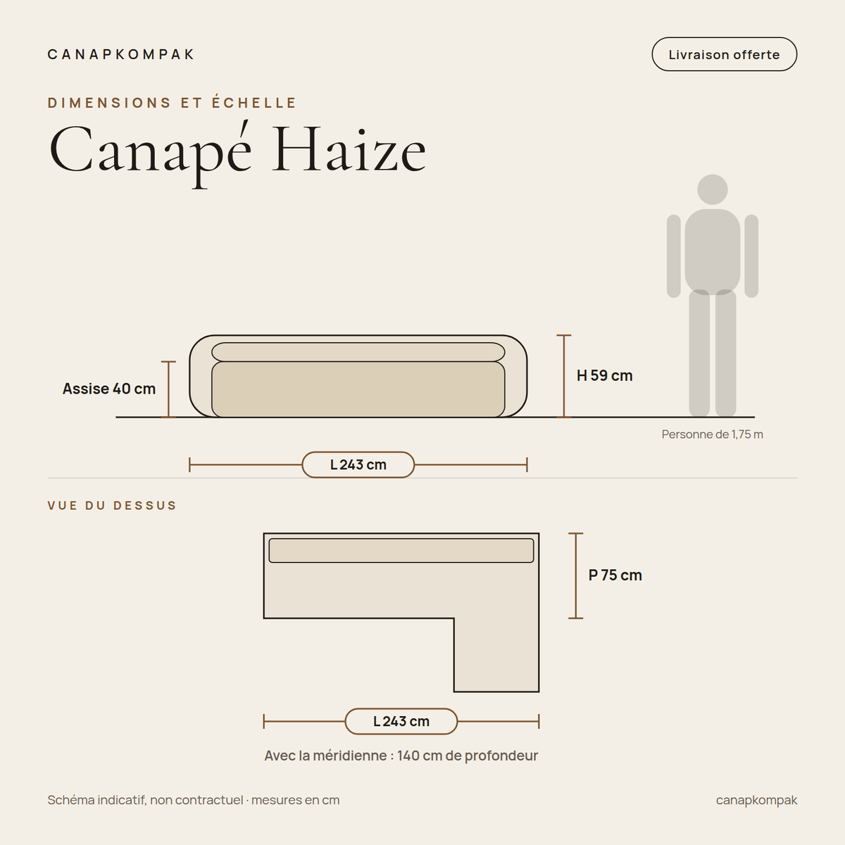 Canapé Haize : schéma coté, 243 cm de long, 75 cm de profondeur, 59 cm de hauteur