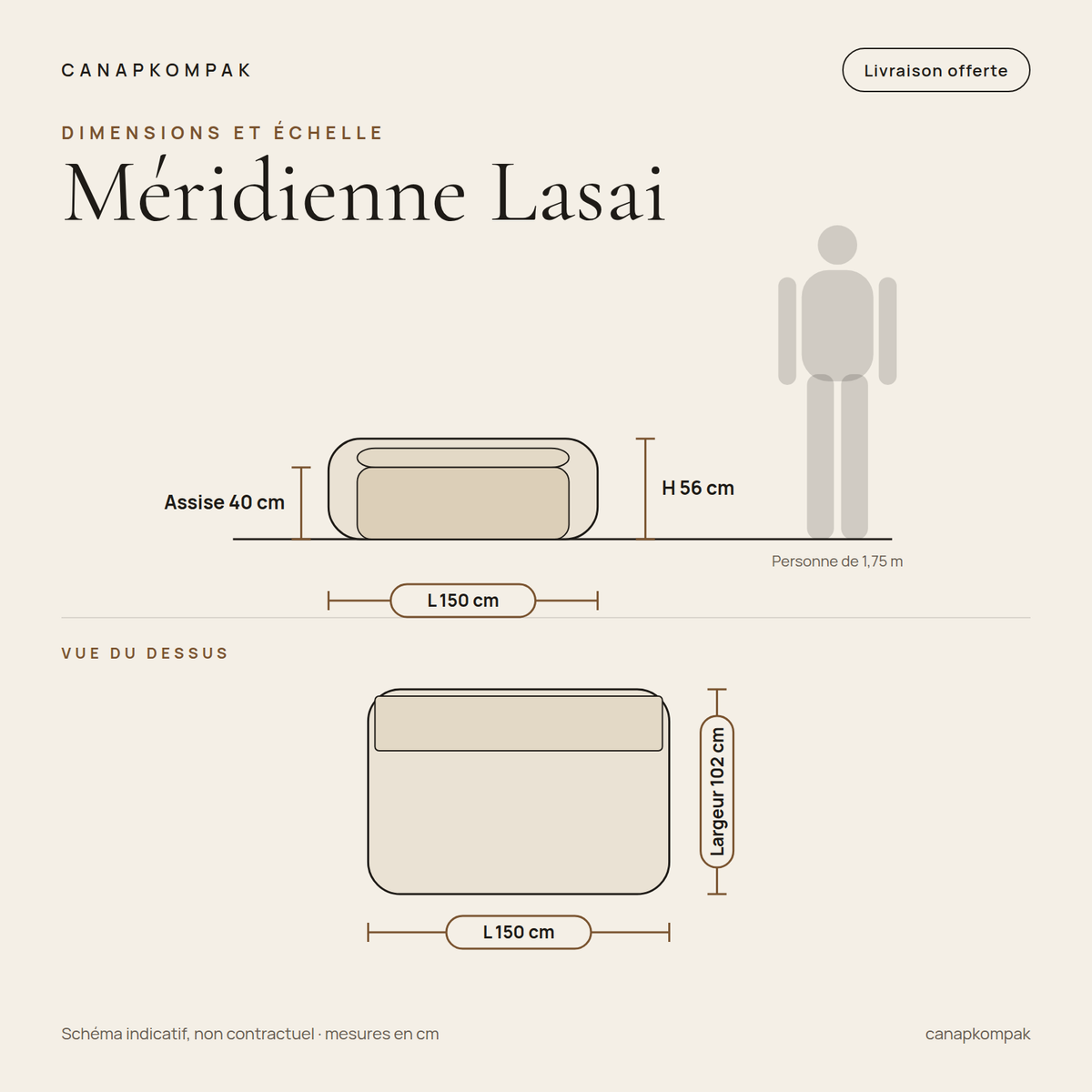 Méridienne Lasai : schéma coté, 150 cm de long, 102 cm de largeur, 56 cm de hauteur